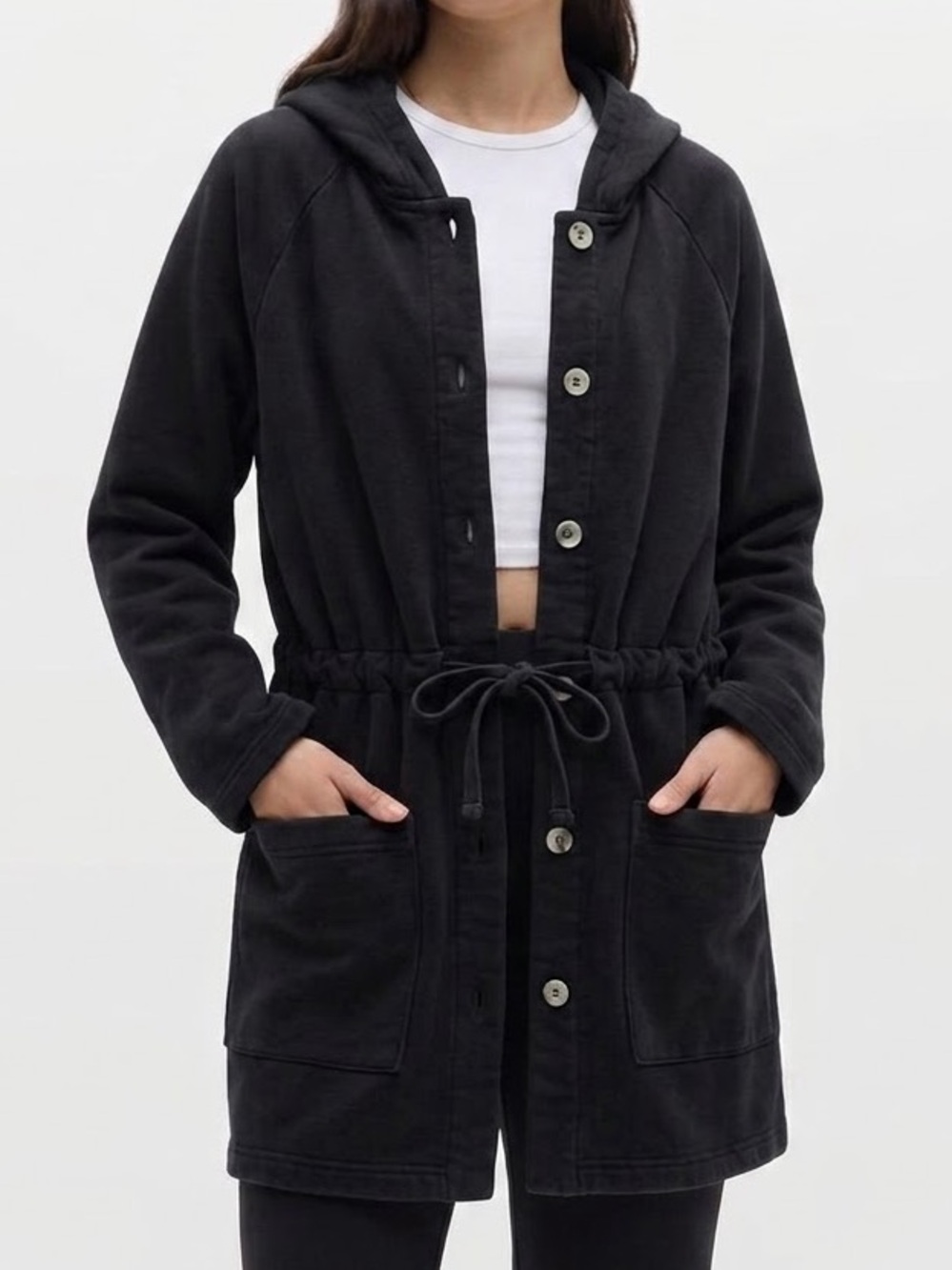 City Lights Black Heavy Cotton Fleece Hooded Jacket Size L XL Button Down Anorak